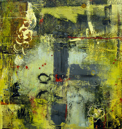 Encaustic abstract painting, bright colors and marks on black ground 