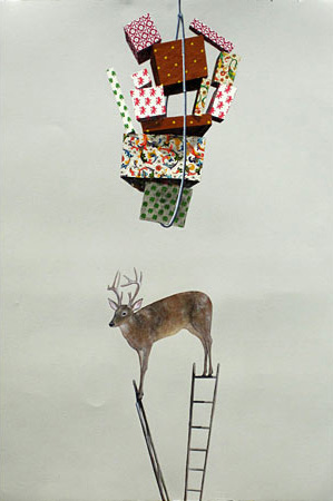 Bundle of paper boxes hanging over a deer that is balanced on the top of a ladder and a pole 