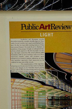 Article placed on the cover of Public Art Review that discusses Michael Hayden's light art 