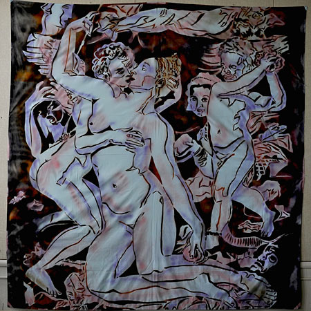 Large painting of nude lovers intwined surrounded by cupids and other figures 