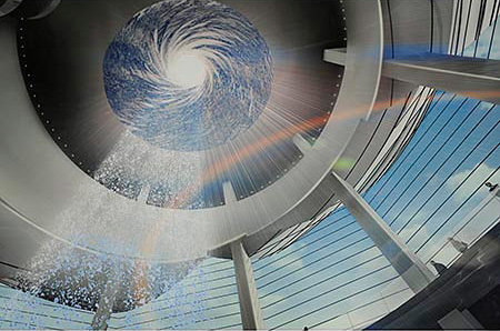 Photograph of interior looking up at the spiral ceiling of the The Vortex Concept, located in Singapore  