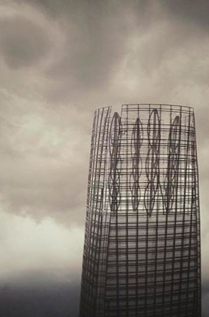 Photograph of the black grid tower against a cloudy grey sky, Vortex Concept, Singapore 