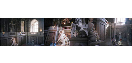 Three images combined.  You see the interior of an ornate building with statues from different angles 