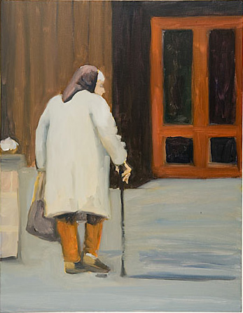 Back view of an elderly woman wearing a white coat and brown scarf walking with a cane toward an orange door 