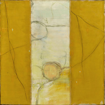 Encaustic abstract painting, golds and off white 