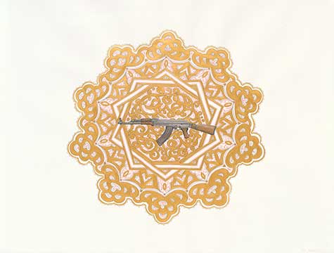 Gold doily with a rifle in the center by Elyse Pignolet and Sandow Birk