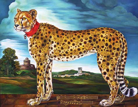 Painted landscape with a Cheetah in the foreground wearing a red collar by Heidi Endemann
