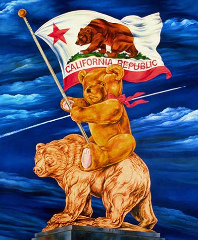 Painting of a teddy bear holding a California flag while riding a gold sculpture bear against a blue background by Heidi Endemann