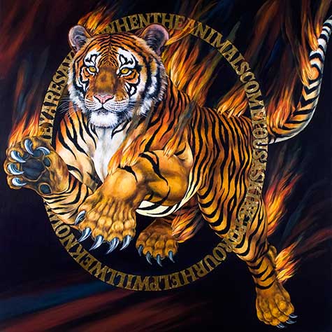 Painting of a tiger jumping through a hoop by Heidi Endemann