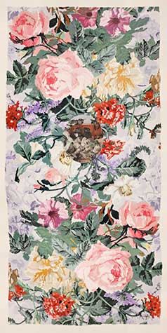 Painting of colorful roses with a small area soldiers in the center by Hanna Hannah