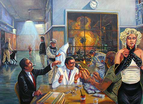 Painting of men having a business meeting by Michael Knowlton