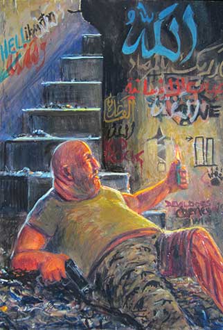 Painting of a drunk soldier laying down at the foot of stairs by Michael Knowlton