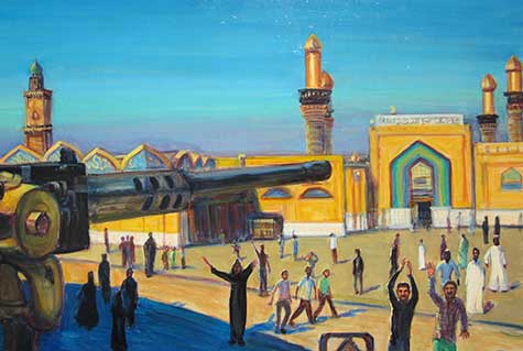 Painting of the outside of a mosque and people worshipping by Michael Knowlton