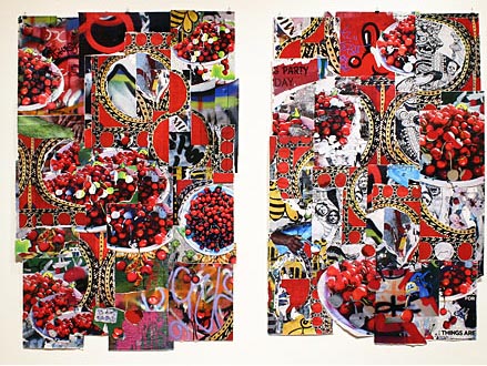 Two colorful collages with images of berries and dishes 