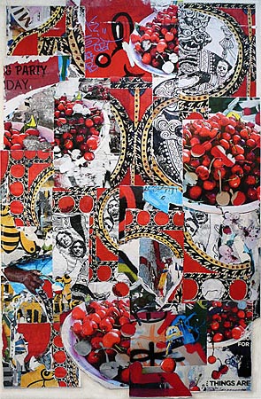 Brightly colored collage with berries and bees 