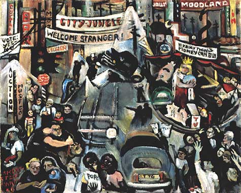 Painting of a chaotic city street with people and cars by Melanie Kent Steinhardt