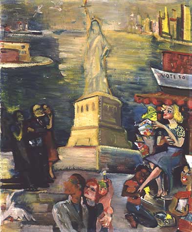 Painting of the Statue of Liberty surrounded by people by Melanie Kent Steinhardt