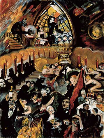 Chaotic scene of people worshipping and partying around the golden calf by Melanie Kent Steinhardt