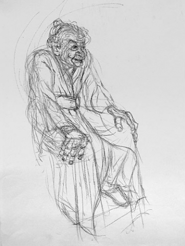 Elderly woman wearing a long gown, sitting in a chair by Marjan Hormozi