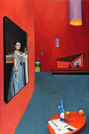 Angular red room with a blue rug.   