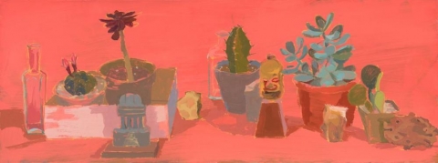 Still life painting of succulents with red background by Deborah Kirklin