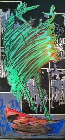 Wheat paste abstract intsallaton with an image of a boat by Donna Larsen