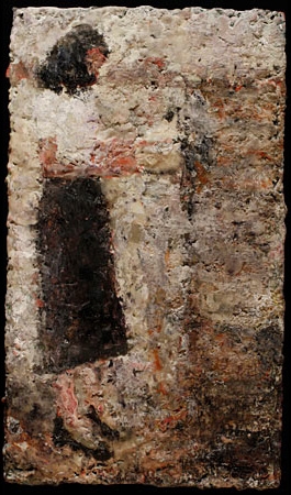 Encaustic painting of a woman standing by a file cabinet 