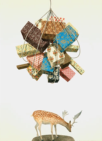 Many paper boxes bundled together with string hanging over a deer that is looking down 