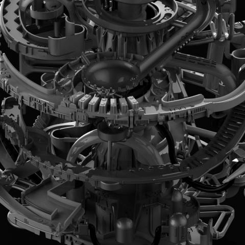 Black and white image of intertwined gears by Michael McGinnis 