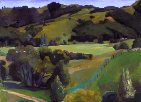 Still life painting of green rolling hills by Suzanne Lacke