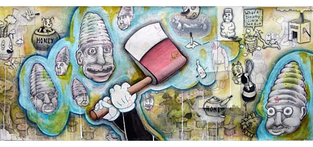 Drawing of human like bees making honey, one bee is holding a large axe. 