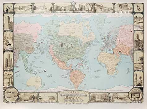 Framed map of the world by Elyse Pignolet and Sandow Birk
