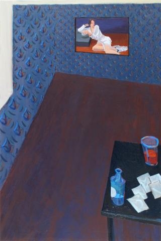 Painting of a blue room with a table and a painting of a reclining woman on the wall by Ben Cressy